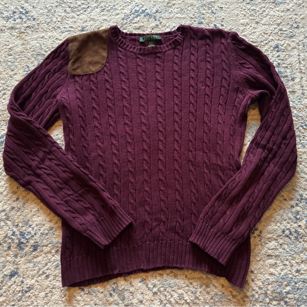 Ralph Lauren Cotton Cable Knit Crewneck Sweater with Suede/Leather Patch - Plum - Picture 3 of 6